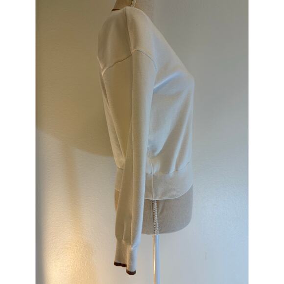 MARLED V-Neck Sweater White Long Sleeve Brown Trim Fall Minimalist | XS - Picture 6 of 7